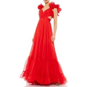 Mac Duggal Rosette Chiffon Cutout Empire Waist Gown - Red Holiday Dress